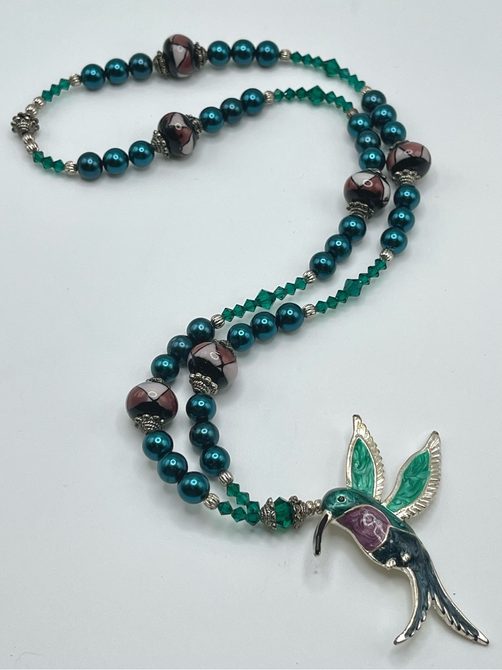 🌑 Crystal & Glass Pearl Enamel Hummingbird Beaded Artisan Necklace🌑